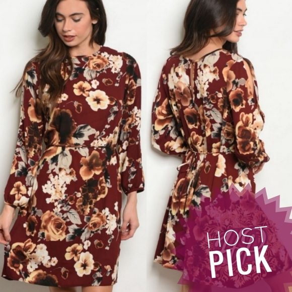 Floral burgundy long sleeve dress - Picture 3 of 3